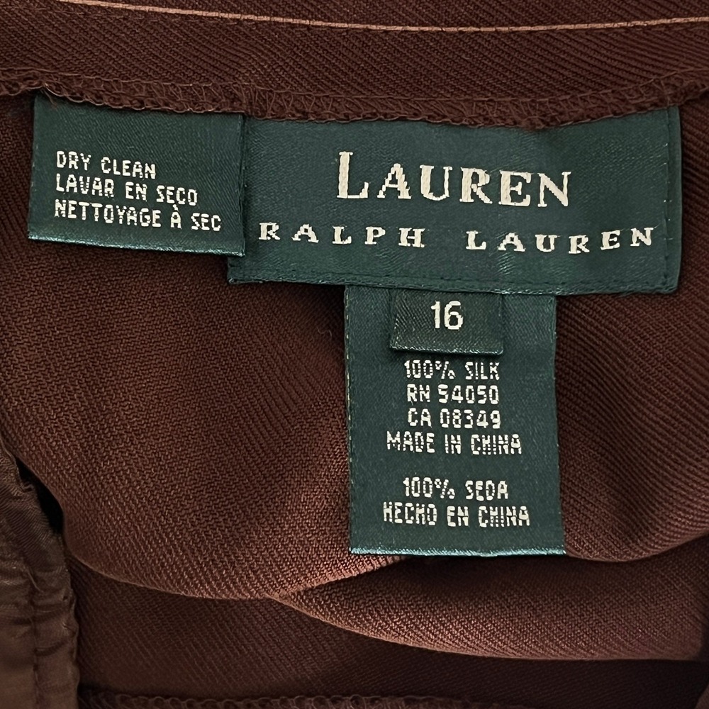 Lauren Ralph Lauren 100% Silk Brown Pinstripe Straight Leg Pants Women 16 Career - Picture 9 of 10